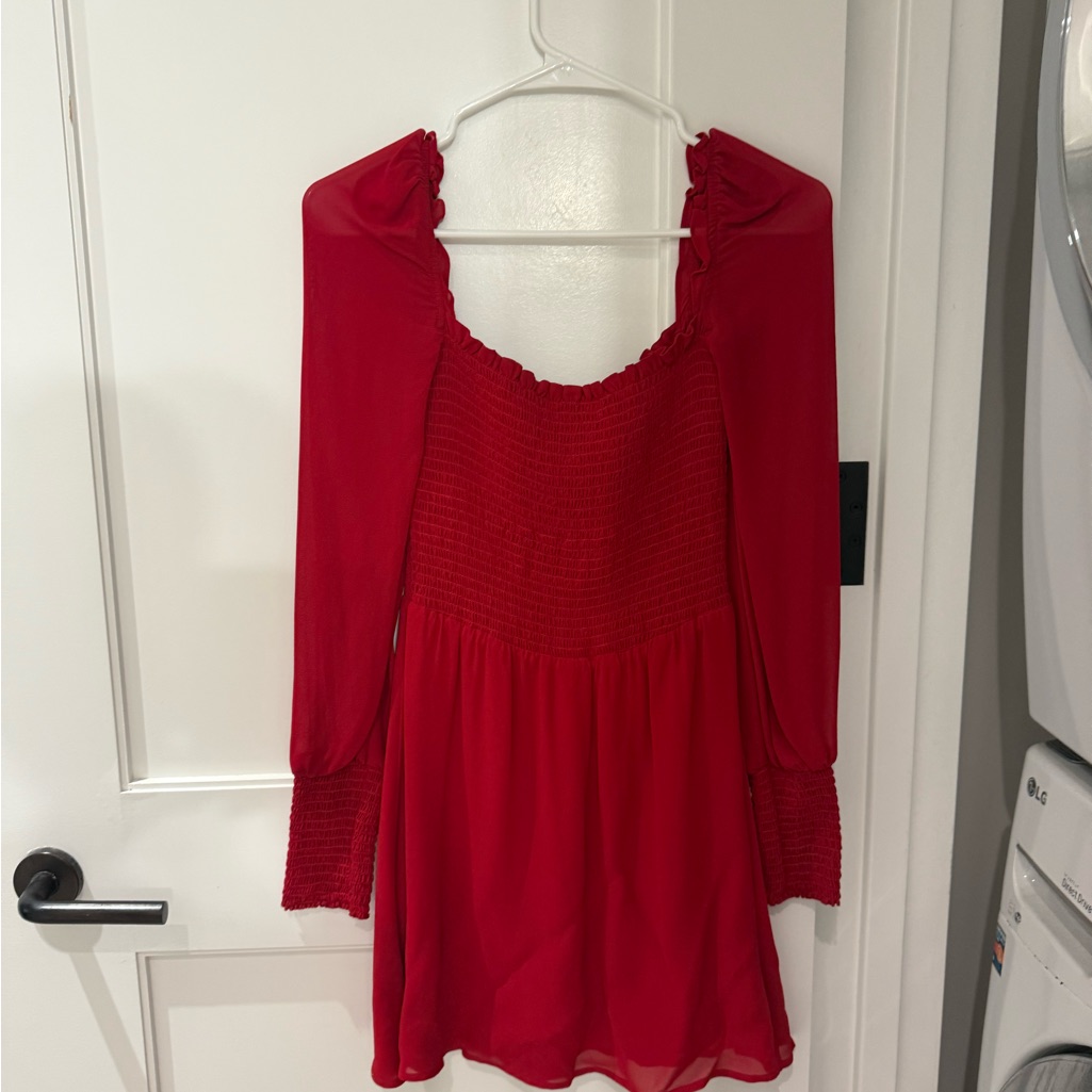 Reformation Red Smocked Ruffled Blouse With Sailor Collar